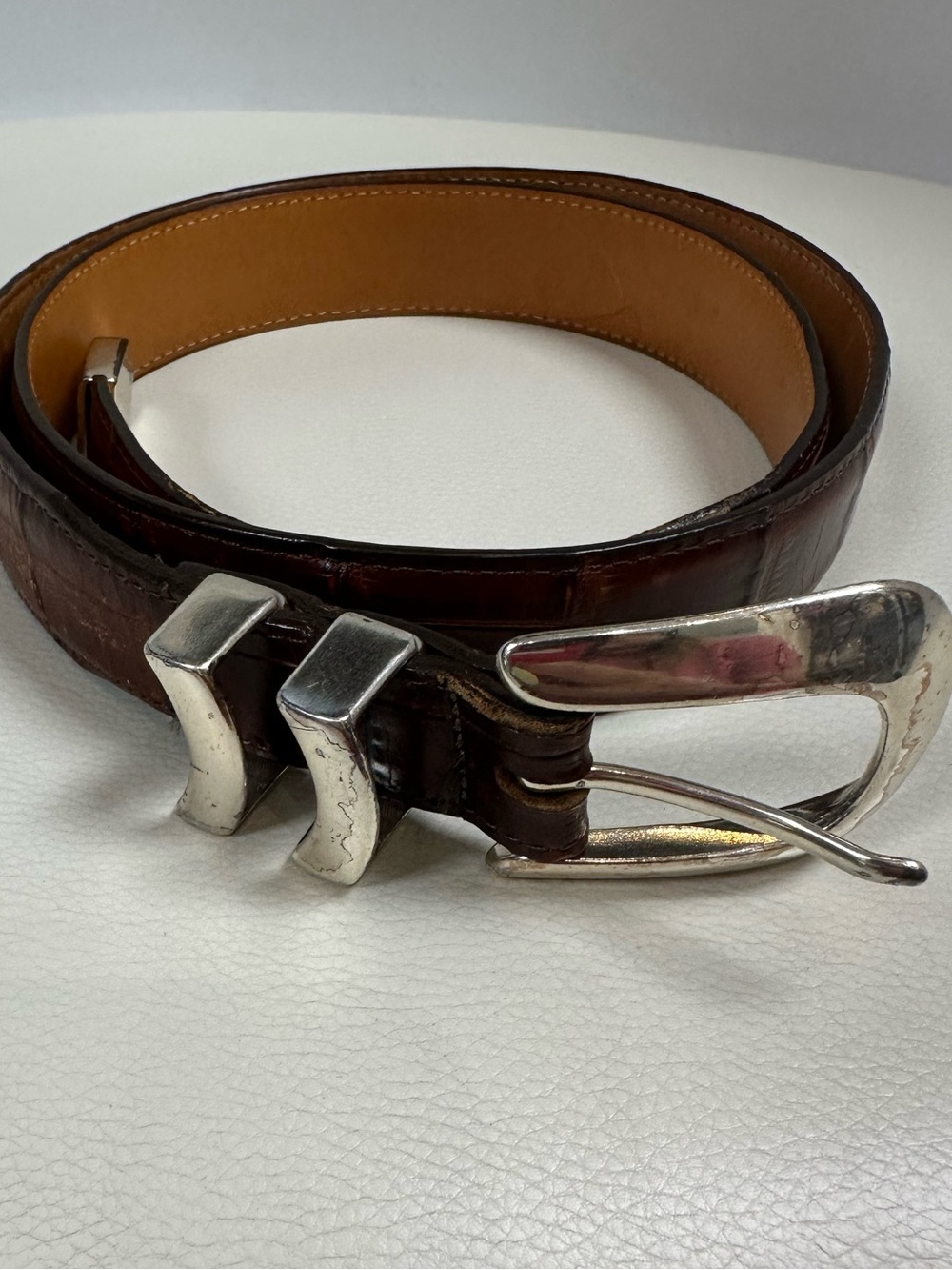 Vintage ONYX by Brighton Brown Croc Leather Belt Silver Buckle Size 38